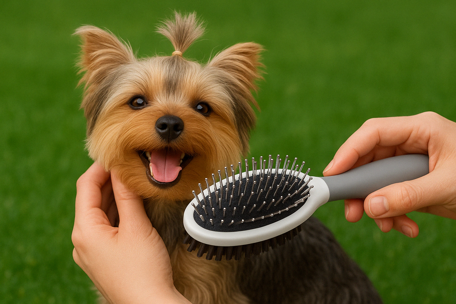 Double-sided dog brush with ergonomic handle, with soft bristles on one side and metal pins on the other for dual grooming.